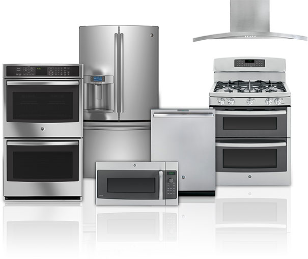 Appliances of different types including a refrigerator, dishwasher, stove, oven and microwave.