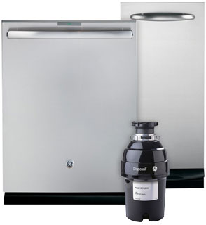 A GE Appliances dishwasher, trash compactor, and garbage dispoer grouped together