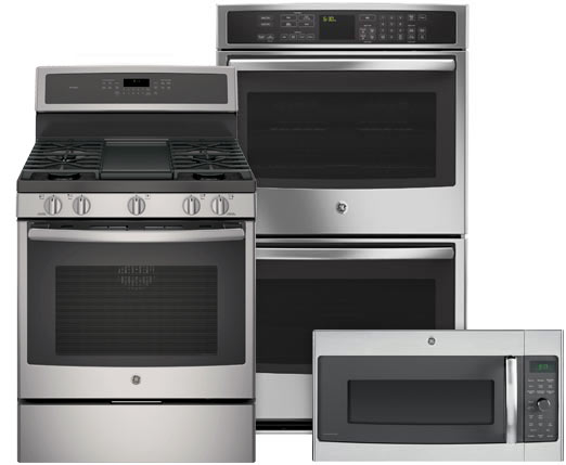 A range, double wall oven, and microwave oven in a stainless steel finish grouped together from GE Appliances