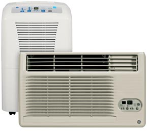 A white GE Appliances portable air conditioner and beige window air conditioner grouped together