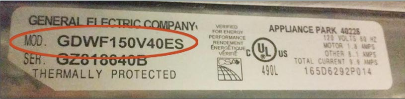 The second example model and serial tag has the General Electric Company name along with the UL certification. In the area where the model and serial numbers are listed, it abbreviates Model as Mod and Serial as Ser.